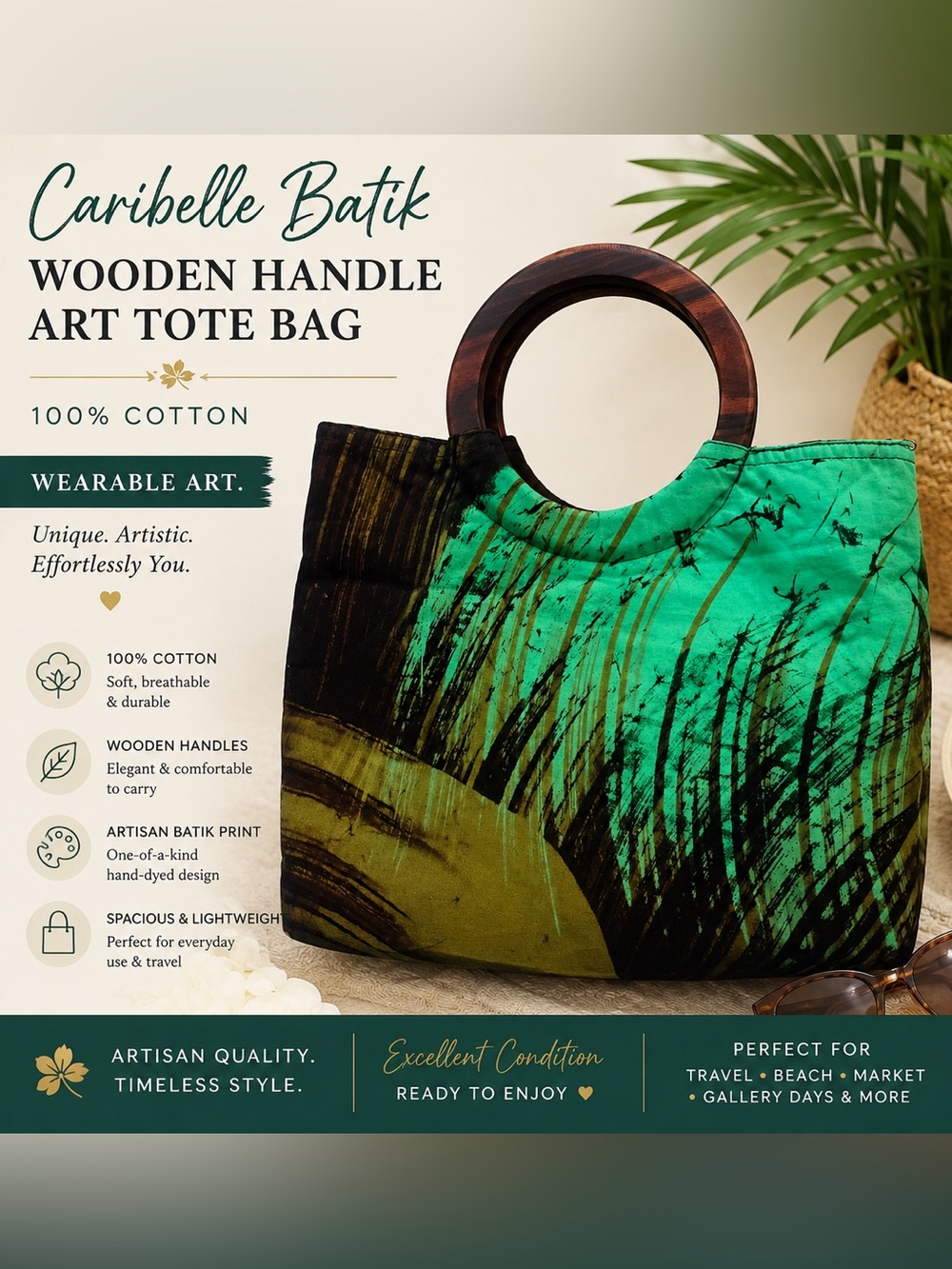 Caribelle Batik 100% Cotton Wooden Handle Art Tote Bag